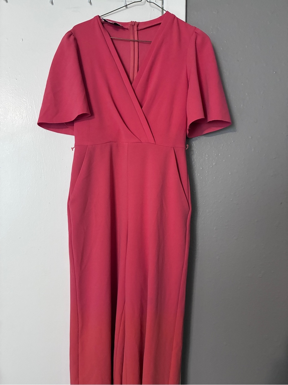 Women's V-Neck Short Sleeve Jumpsuit Dress in Salmon Pink